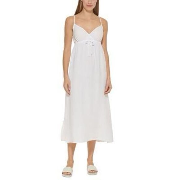 DKNY Women S V Neck Front Tie Maxi Dress Cover up Swimsuit White Size Small - Picture 1 of 3
